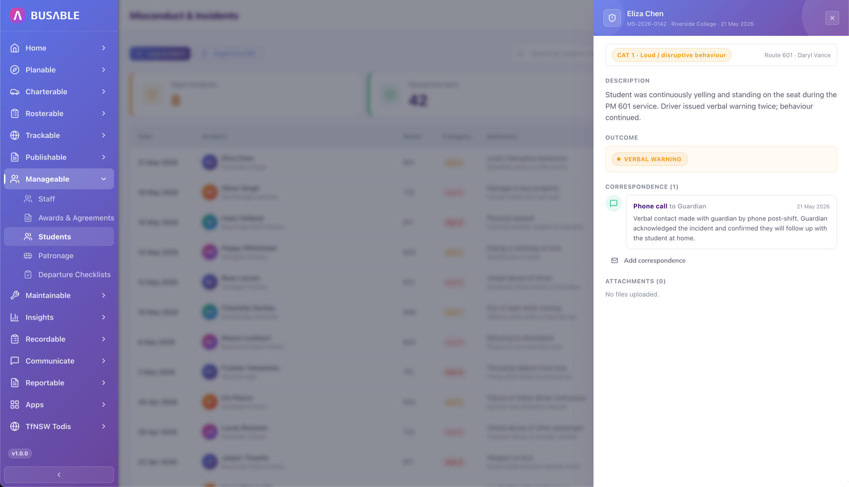 Incident detail with description, outcome, parent correspondence thread, and attachments for an L1 minor behaviour case