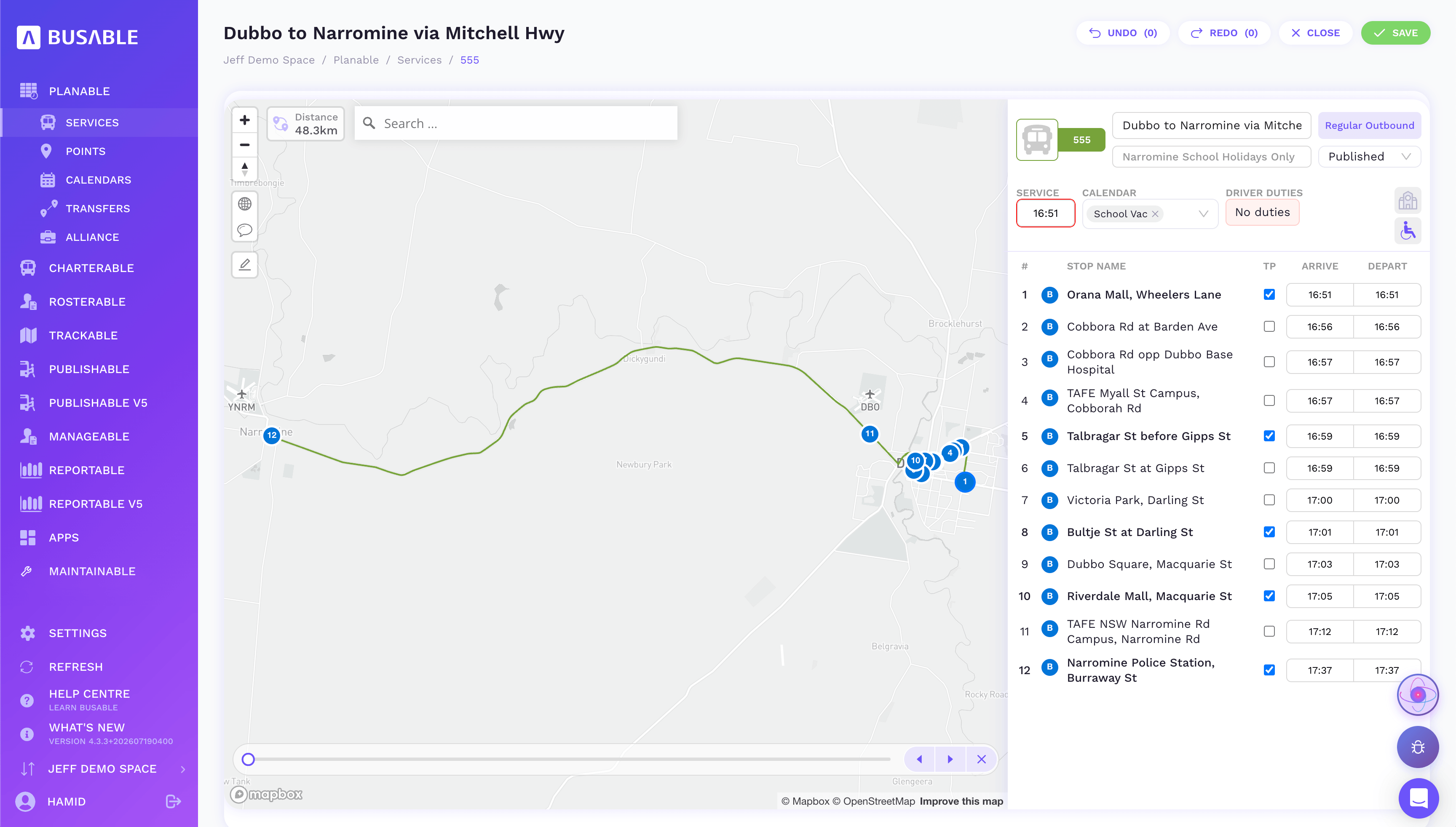 Route builder with the map on the left and a stop-by-stop timetable on the right