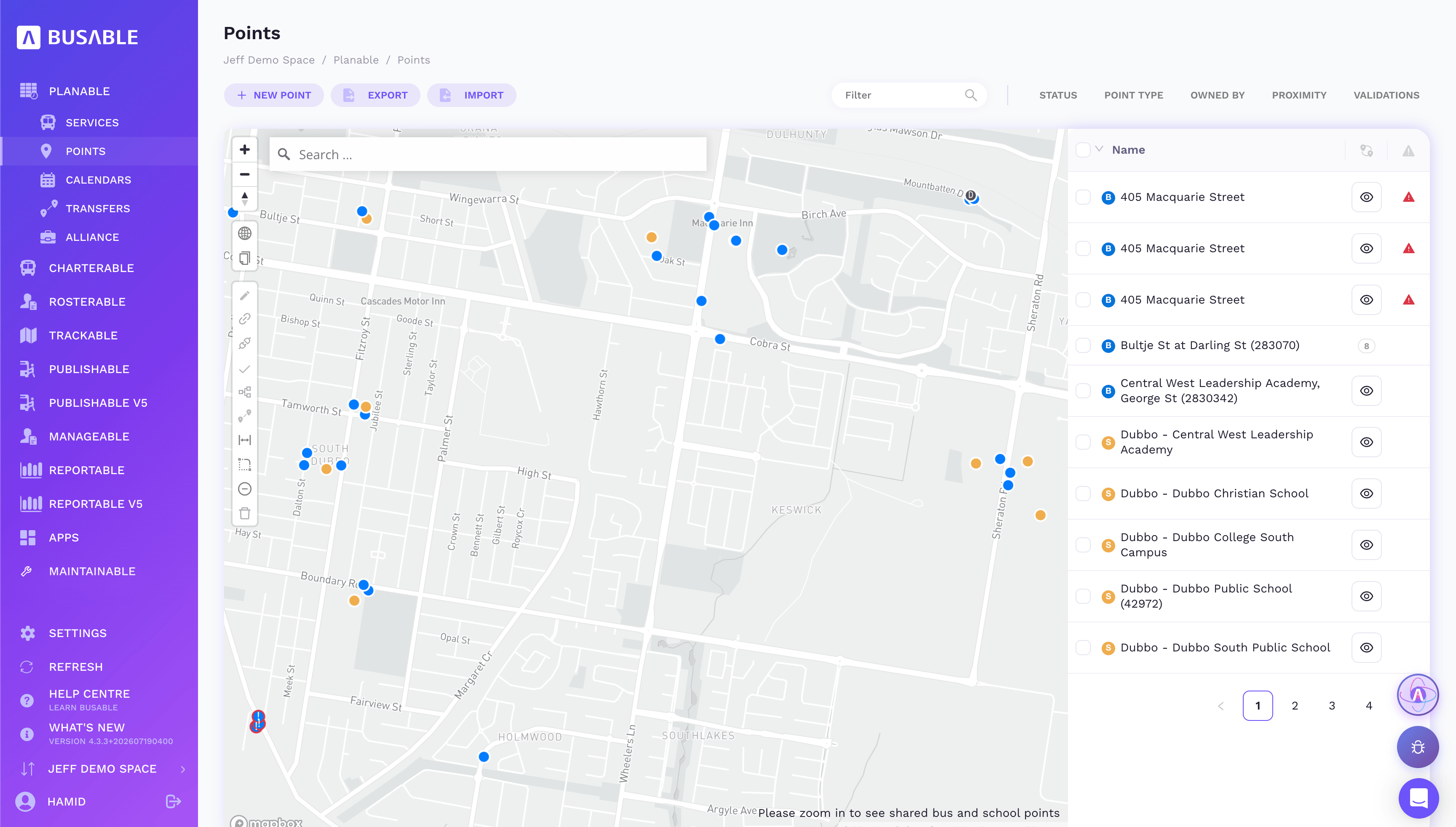 Points library with bus and school points on a map and a validated list beside it