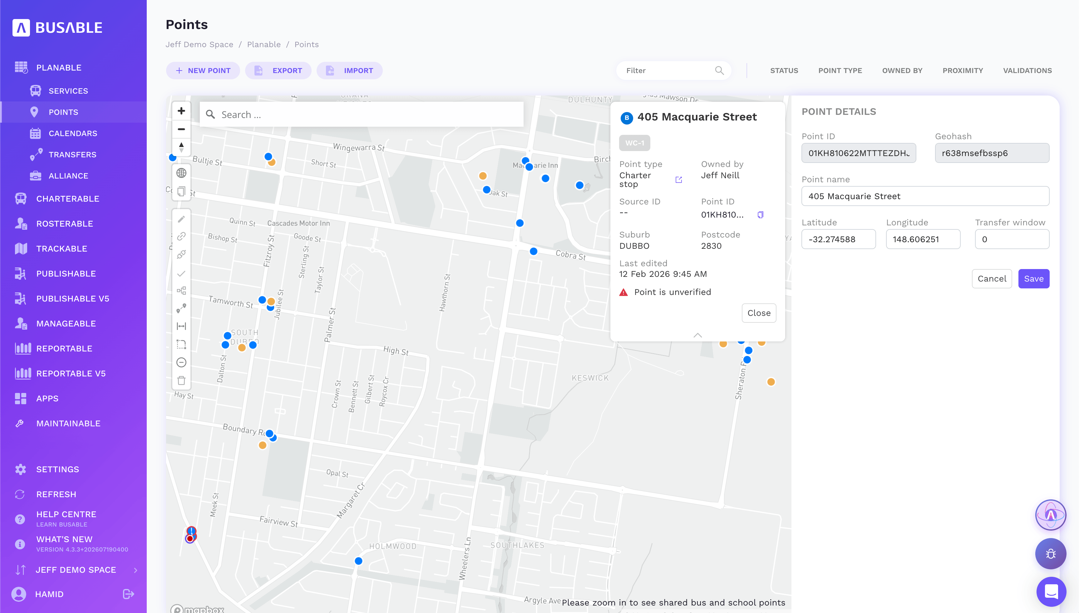 A point's detail panel showing coordinates, suburb, postcode and verification status