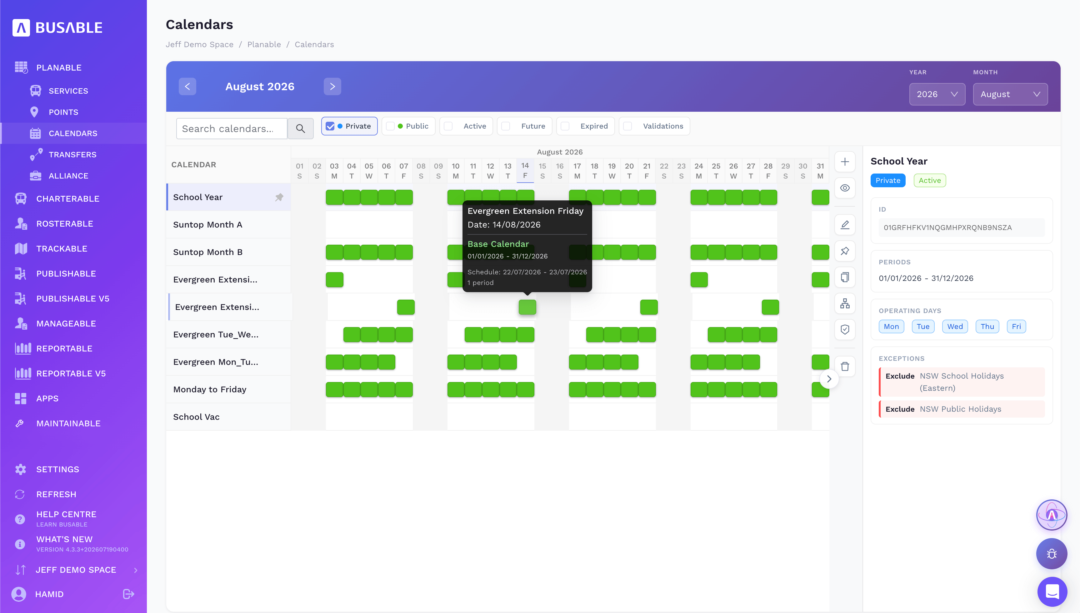 Calendars grid for a month with operating days highlighted and holiday exceptions listed