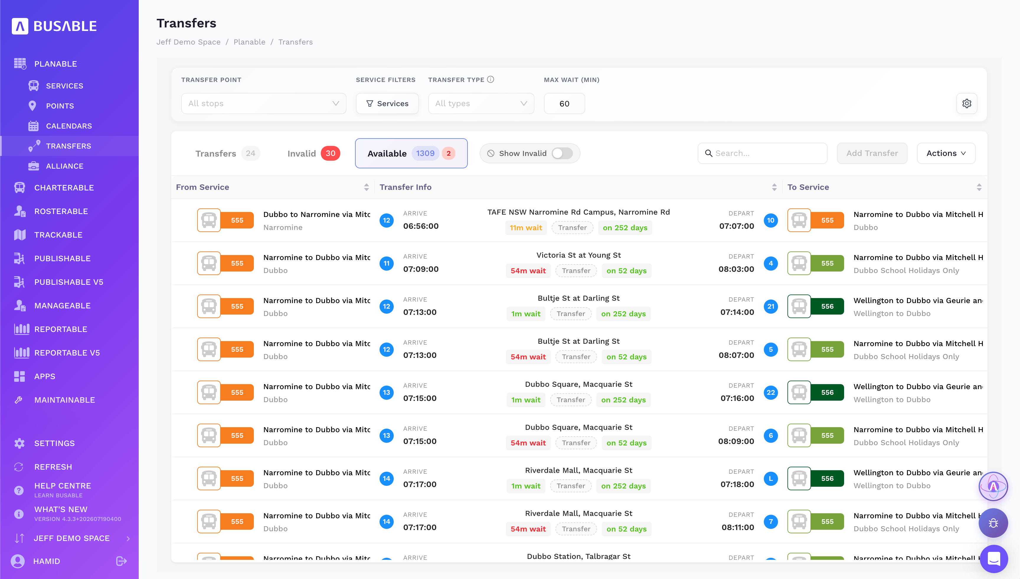 Available transfers the timetable makes possible, ready to add