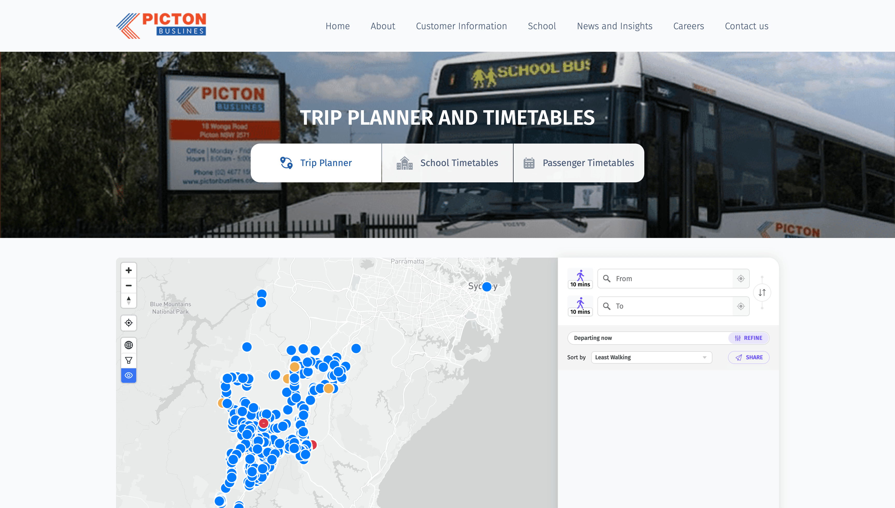 Trip planner on an operator's own site with From and To search, walking-time limits, a departing-now filter and a map of every stop