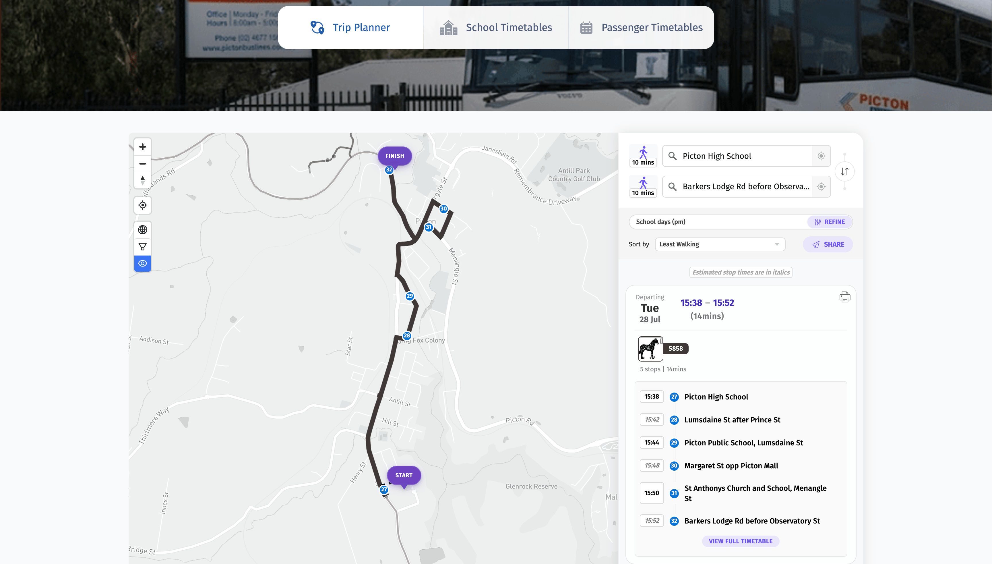 Planned school-days trip with start and finish pinned on the map and the departure broken down stop by stop