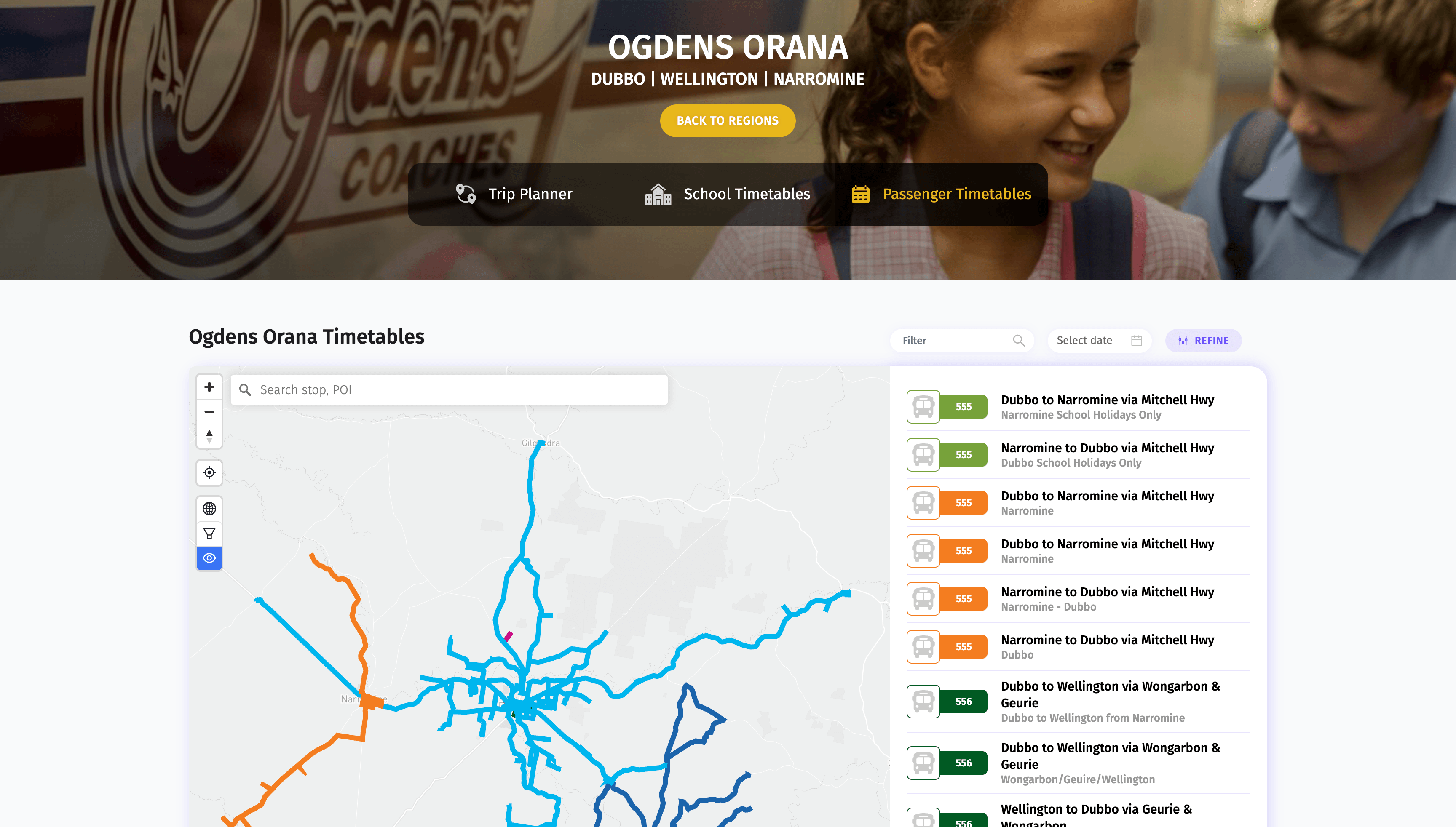 Passenger timetables on a multi-region operator's own site, with every route listed beside a map of colour-coded route lines