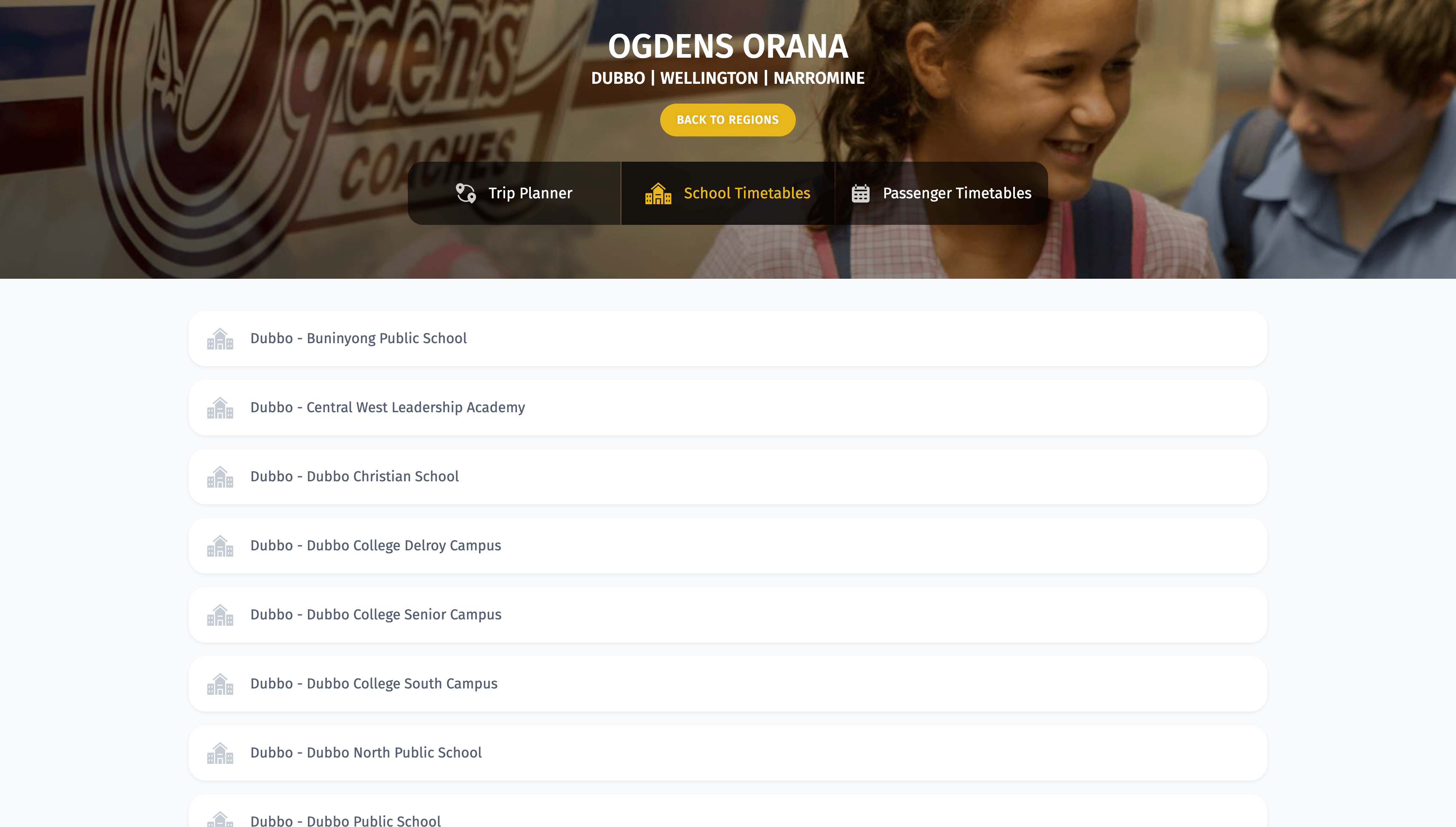 Searchable directory of every school on the network, listed by town