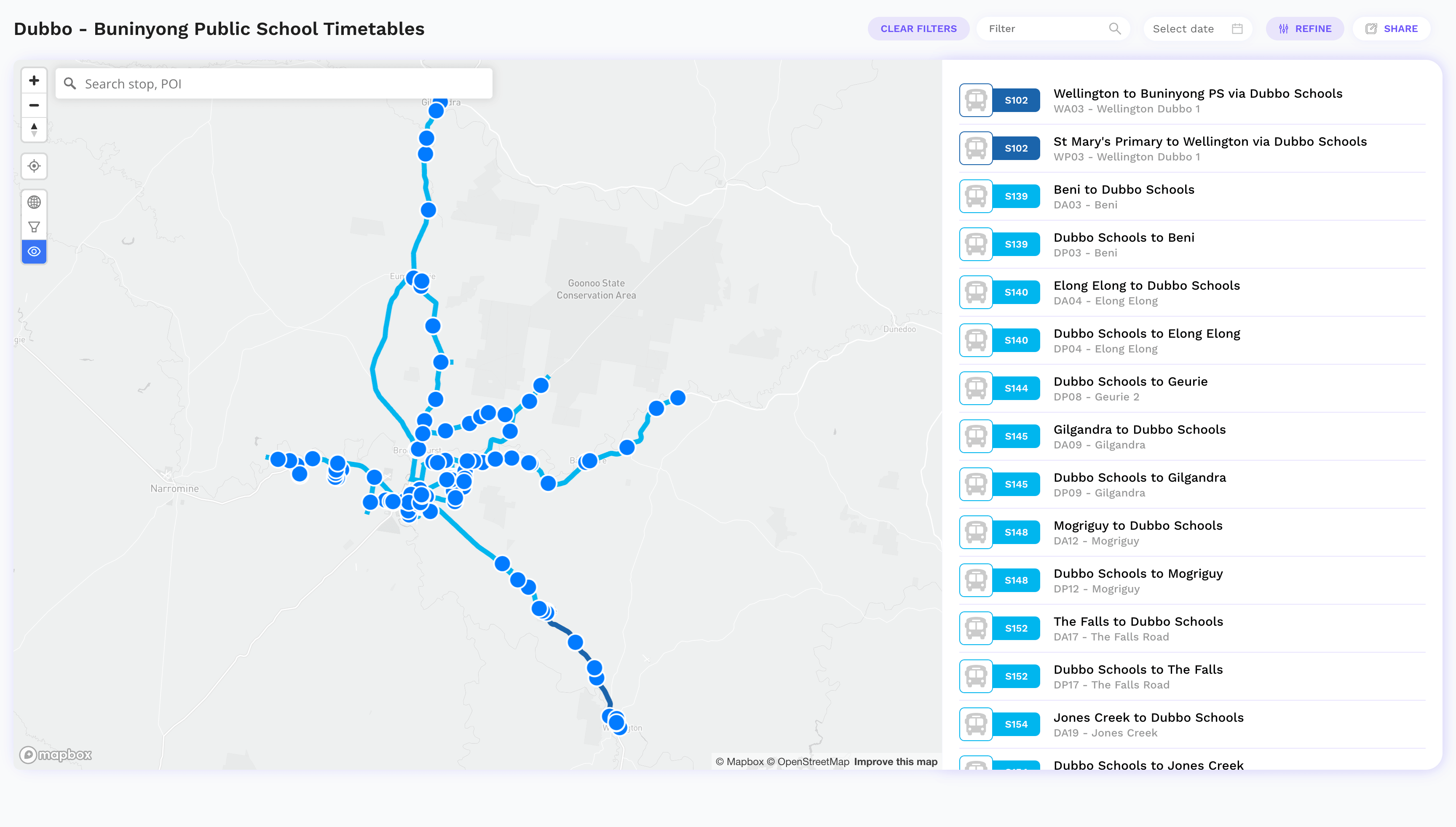 Every run to and from a chosen school listed with its service and run code, beside the routes drawn on the map