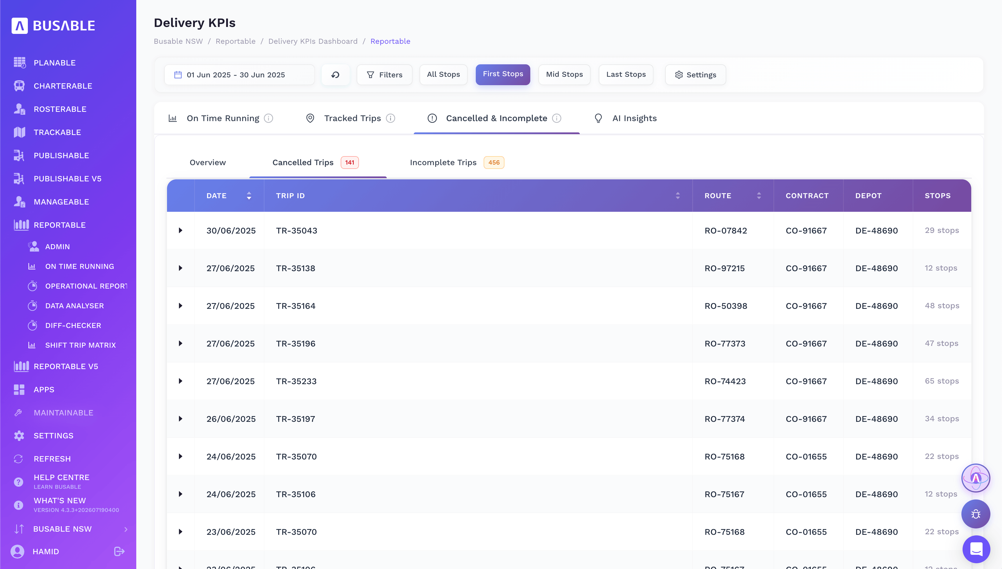 Cancelled trips list with date, trip ID, route, contract and depot