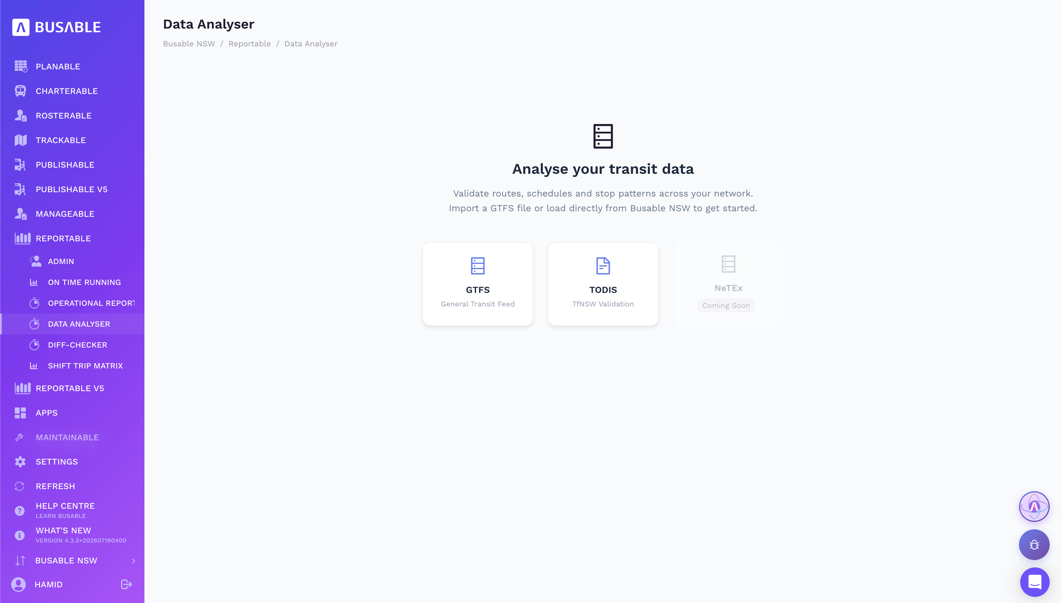 Data Analyser start screen offering GTFS, TODIS and NeTEx validation