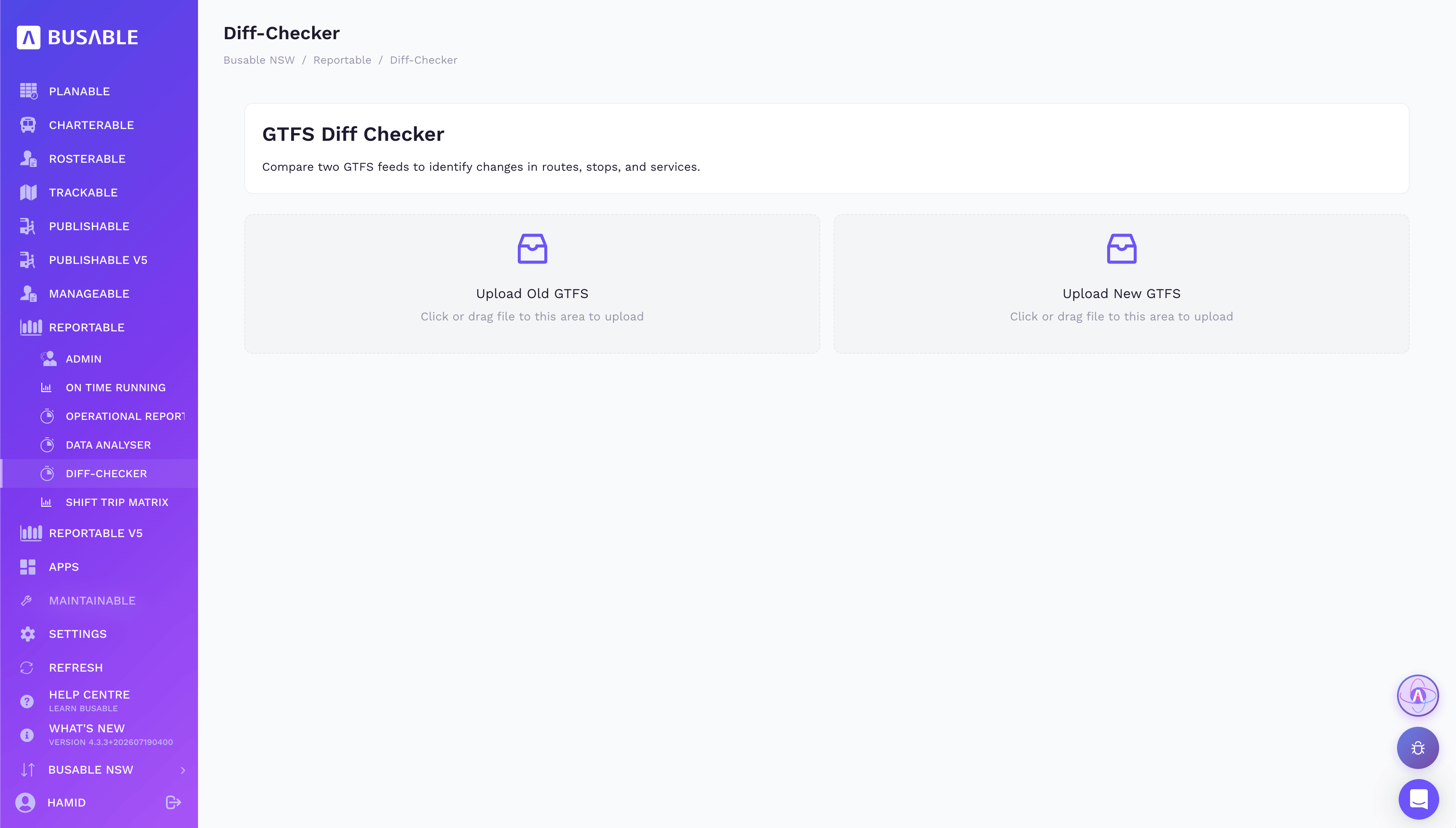 GTFS Diff Checker with drop zones to upload an old and a new feed