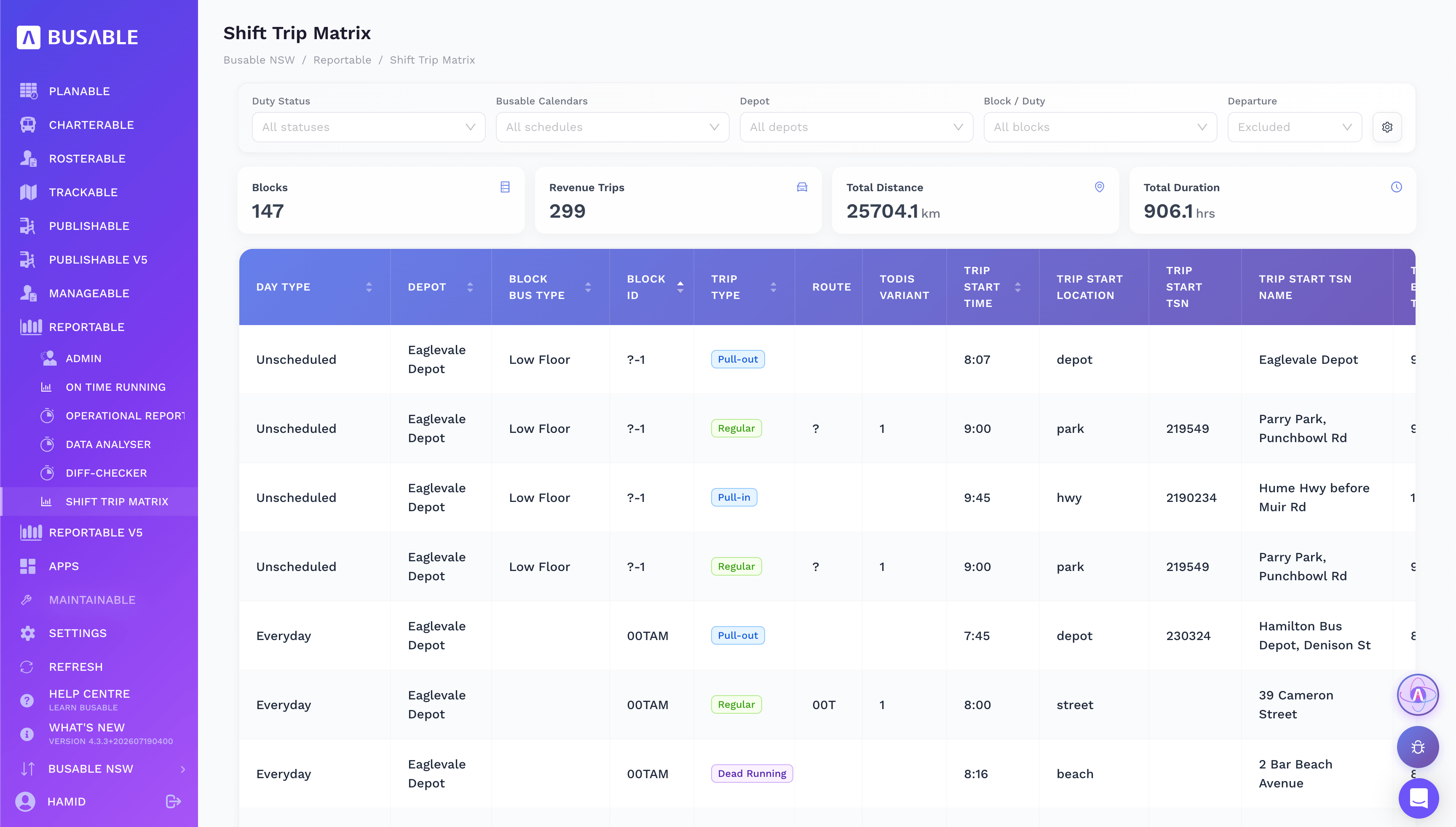 Shift Trip Matrix with blocks, revenue trips, distance and duration totals and a trip-by-trip table