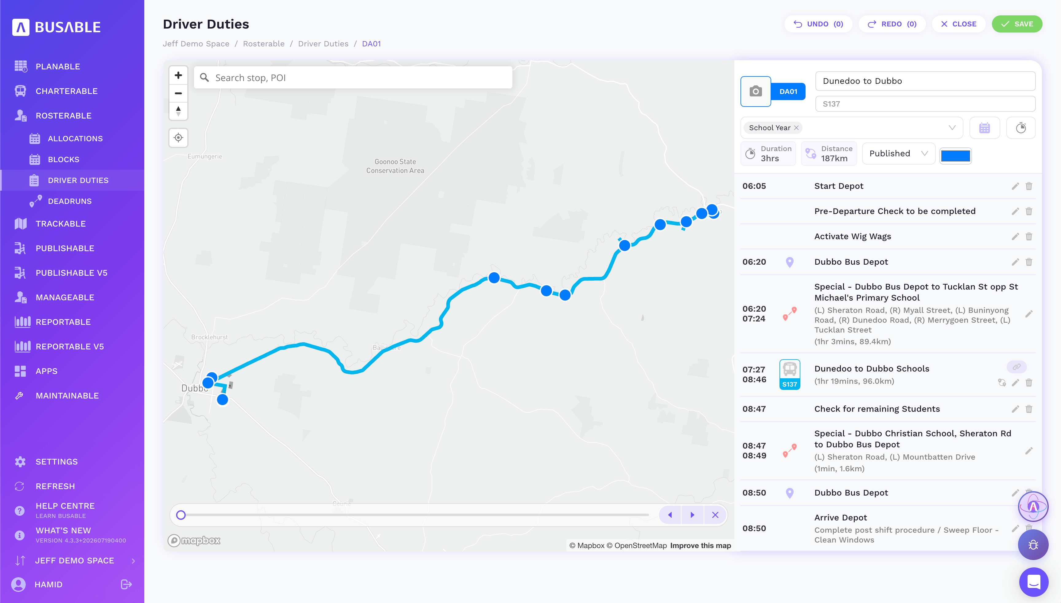 Duty builder with editable checks, special legs, services, times and breaks
