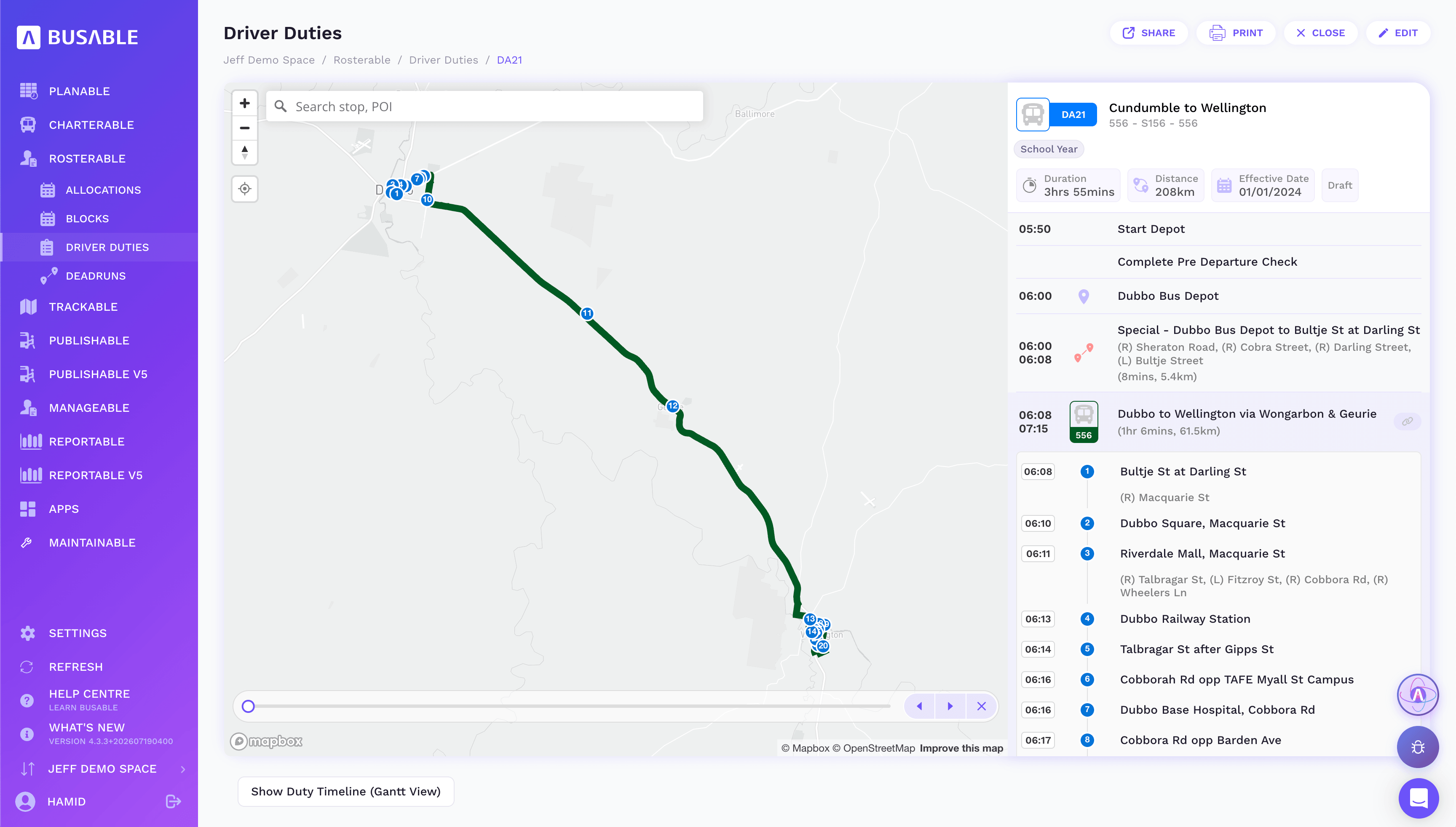 A duty's service leg broken down stop by stop, with a Gantt view option