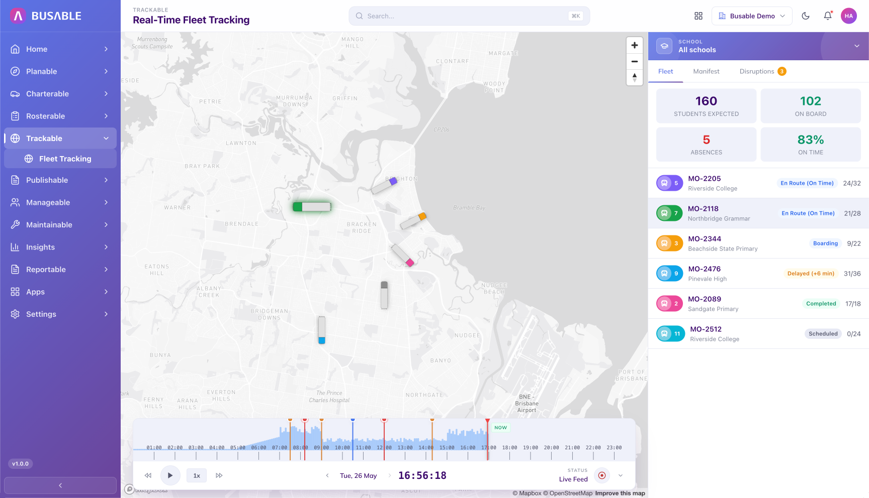 Real-time fleet tracking - live map with all vehicles, fleet overview counts (160 students aboard, 102 en route, 83 percent on-time), and per-vehicle status list
