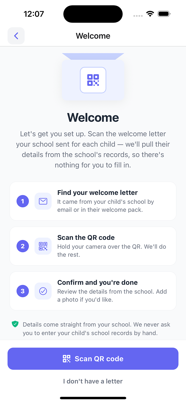 Busable Go welcome screen showing a three-step setup: find the welcome letter, scan the QR code, confirm the student