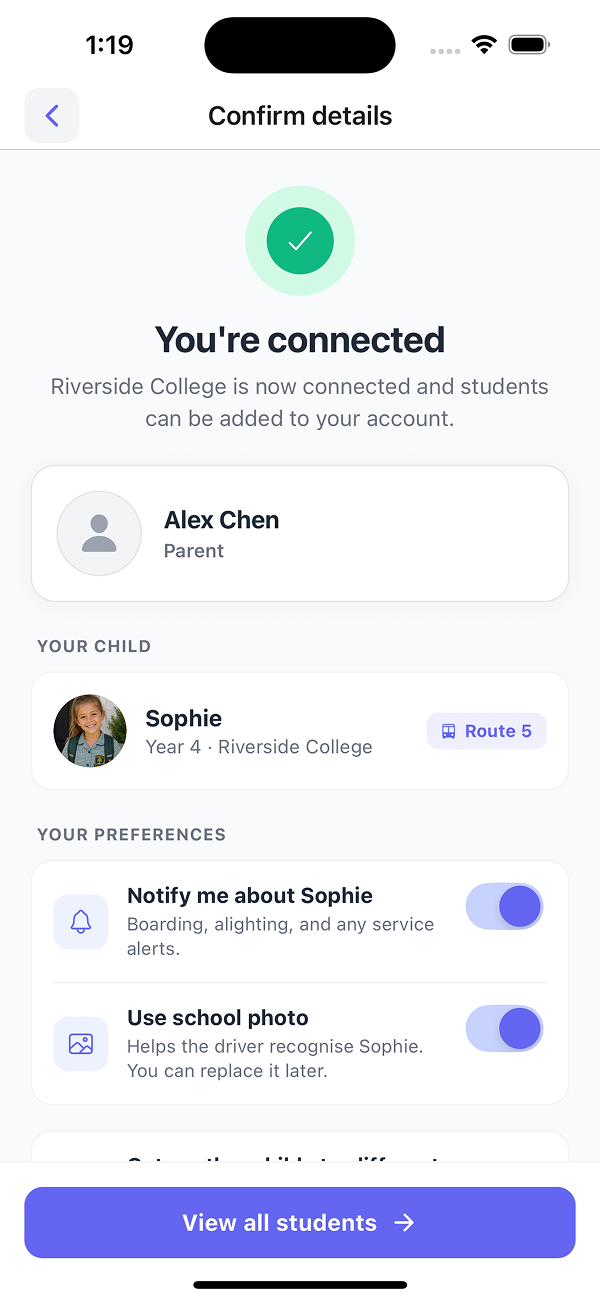 Connected confirmation - student linked to Route 5, notification preferences set