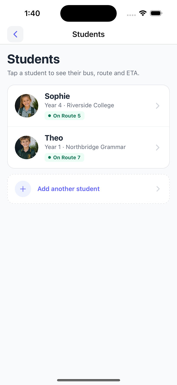 Students list - Sophie on Route 5, Theo on Route 7, with add-another-student option