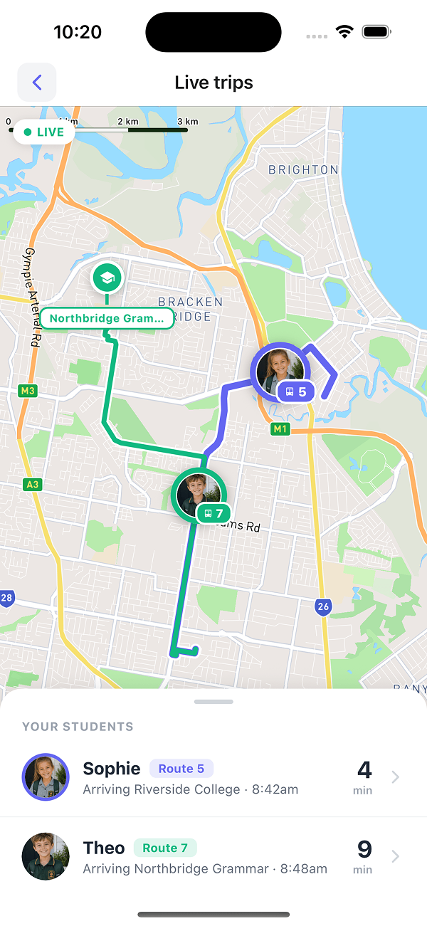 Busable Go live map with both of a family's buses tracked and their ETAs