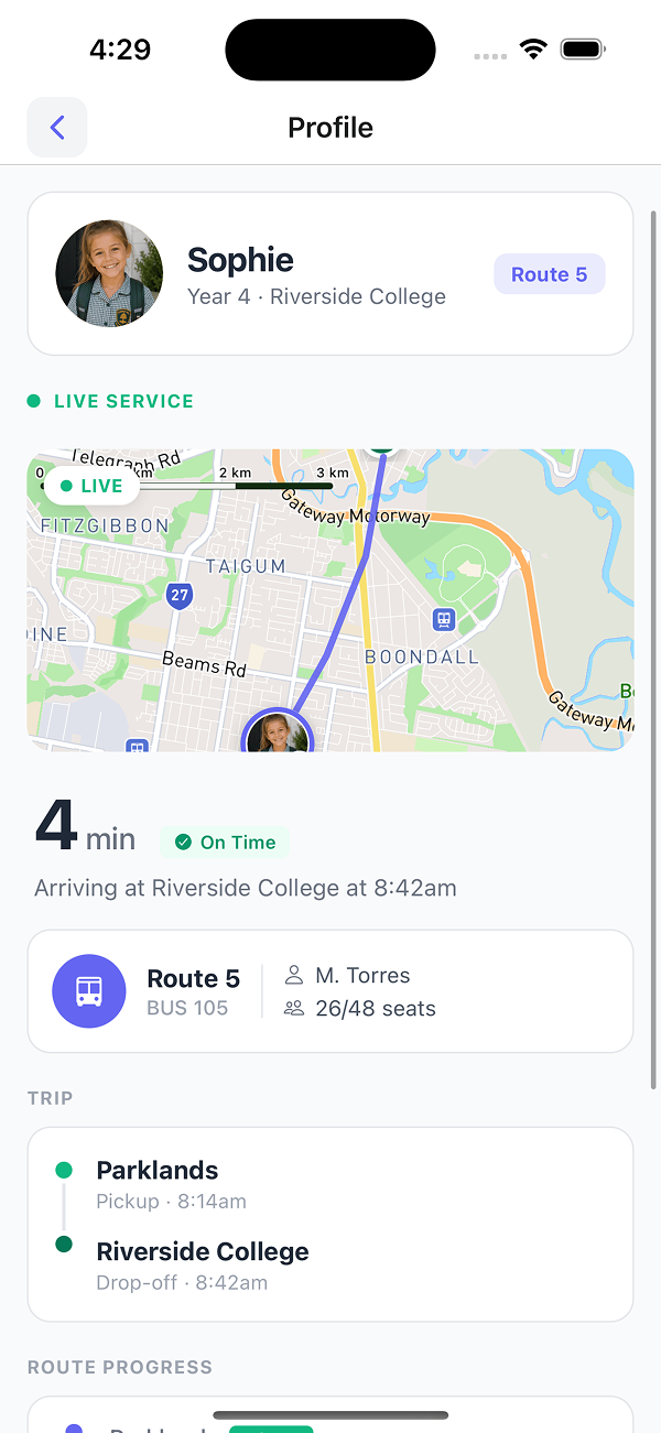 Sophie's live service - Route 5, BUS 105, driver M Torres, 26 of 48 seats, on-time, stop-by-stop progress