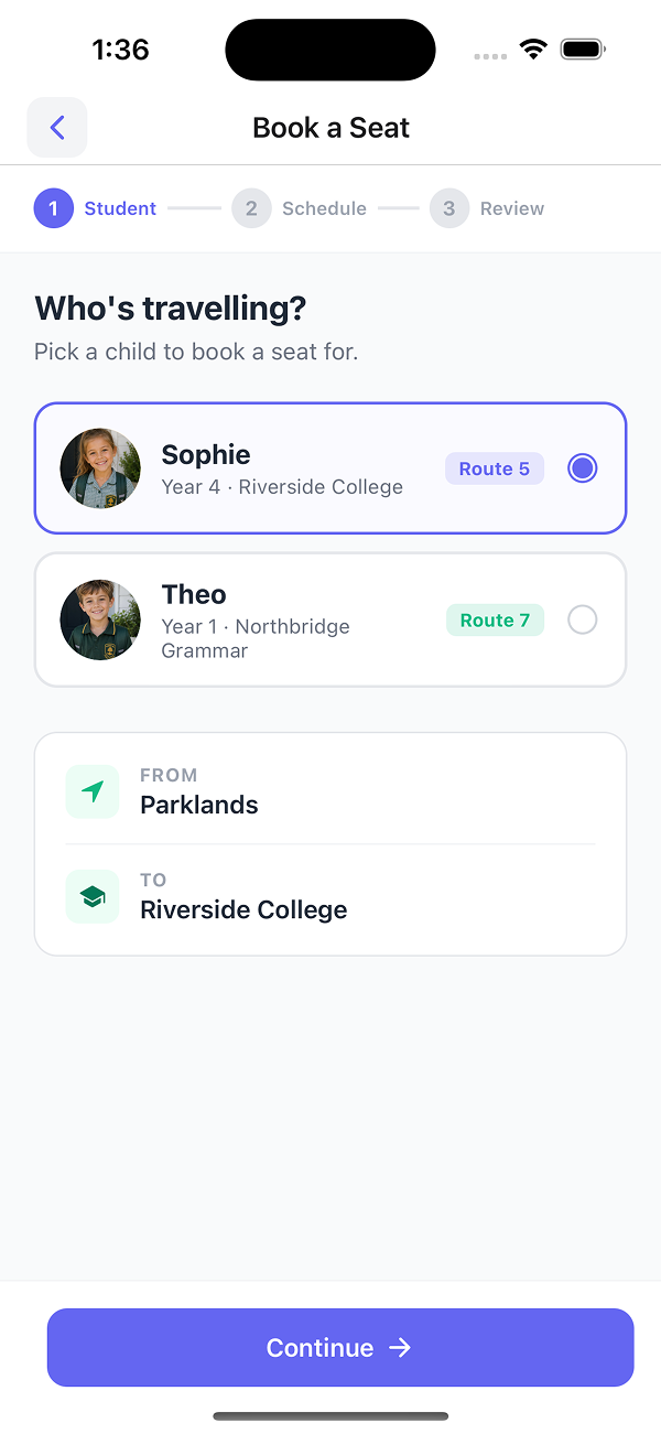 Book a Seat step 1 of 3 - pick the child with route, pickup and destination pre-filled