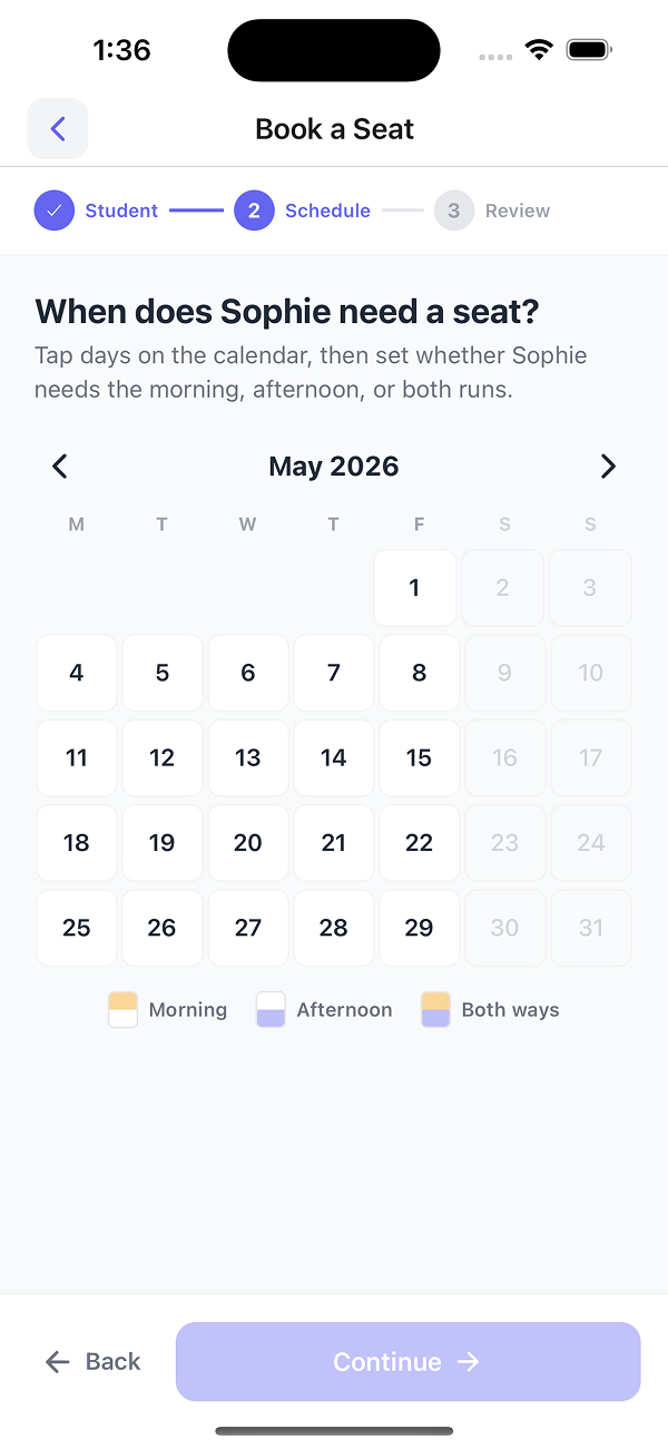 Book a Seat step 2 - blank calendar prompting parent to pick days and AM/PM/both