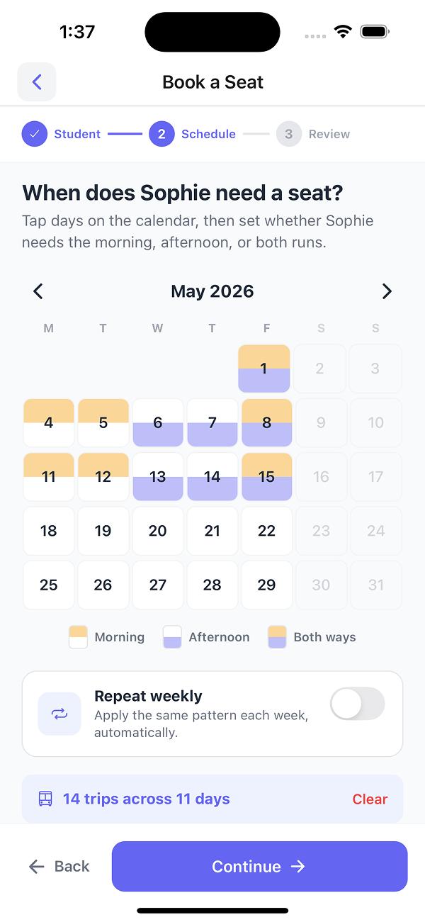 Book a Seat step 2 - days picked across two weeks showing 14 trips across 11 days