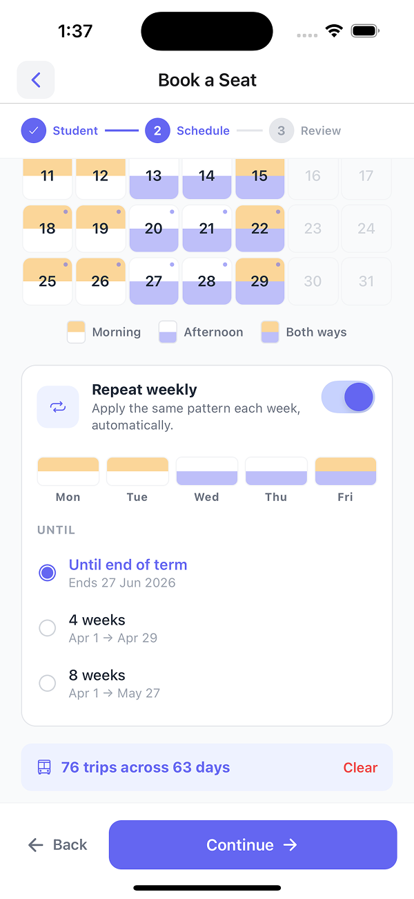 Busable Go booking calendar with repeat-weekly enabled and a running count of trips booked across the term