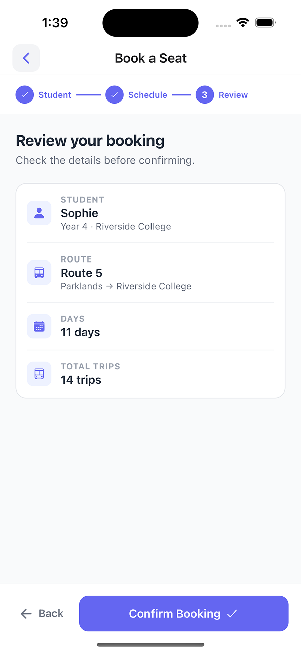 Book a Seat step 3 - review showing student, Route 5, 11 days, 14 total trips before confirm