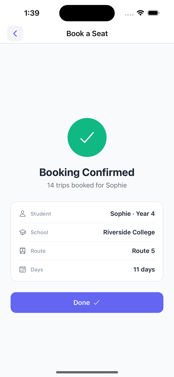 Booking confirmed - 14 trips booked for Sophie on Route 5