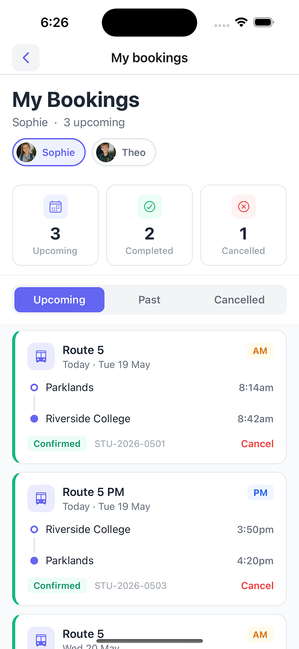 My bookings upcoming tab - 3 upcoming, 2 completed, 1 cancelled with AM/PM tags and one-tap cancel