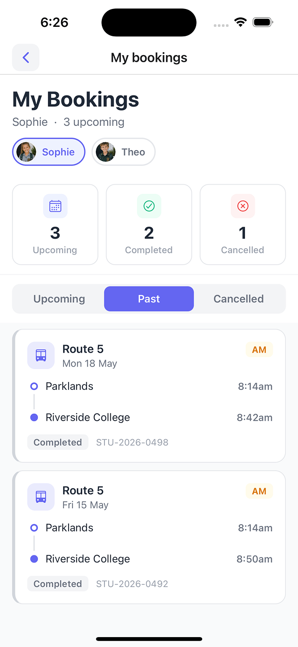 My bookings past tab - completed trips with route, date, pickup and drop-off times