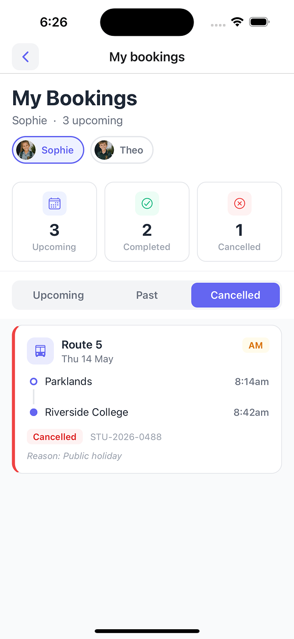 My bookings cancelled tab - one cancellation with public holiday as the captured reason