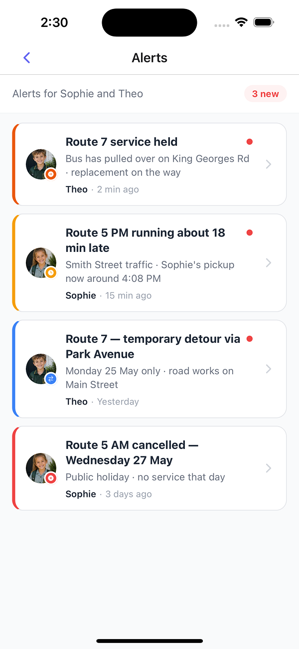 Alerts list - Route 7 service held, Route 5 PM 18 min late, Route 7 detour, Route 5 AM cancelled