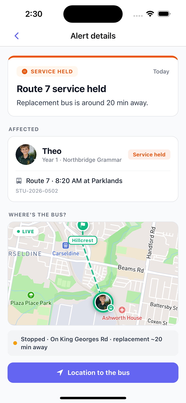 Busable Go alert detail with a replacement bus ETA, the affected student, live bus position and one-tap directions