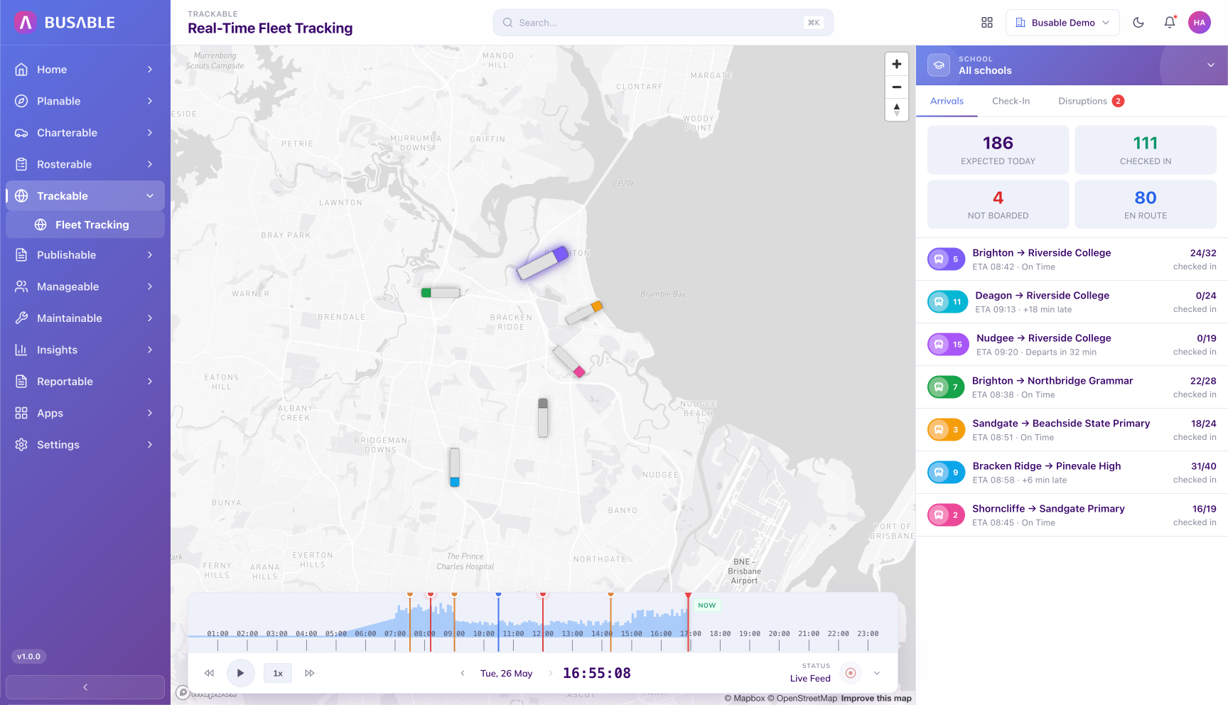 Real-time fleet tracking with arrivals panel - 186 expected, 111 checked in, 4 not boarded, 80 pickups across services into the campus