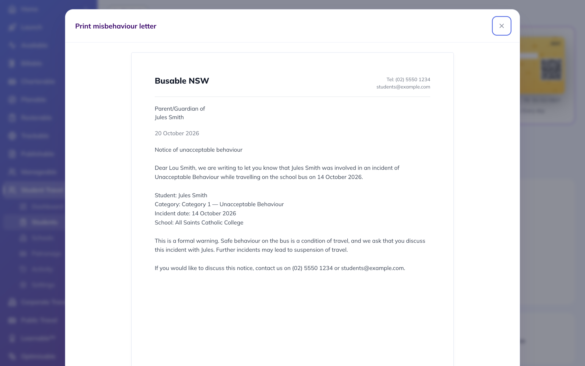 Print misbehaviour letter preview: a notice of unacceptable behaviour on Busable NSW letterhead, addressed to Lou Smith about Jules Smith's Category 1 incident on 14 October 2026 at All Saints Catholic College, stating it is a formal warning, with the office phone (02) 5550 1234 and students@example.com