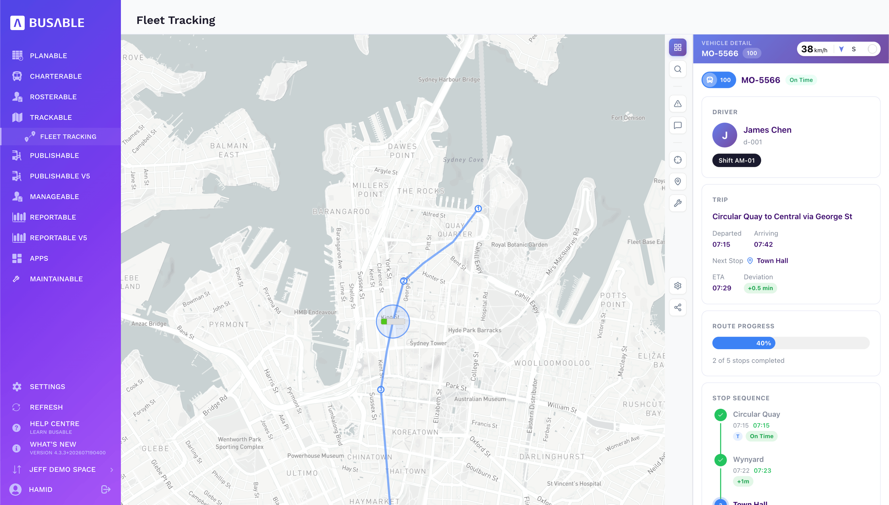 A single vehicle with its driver, trip, live ETA, deviation and stop-by-stop progress