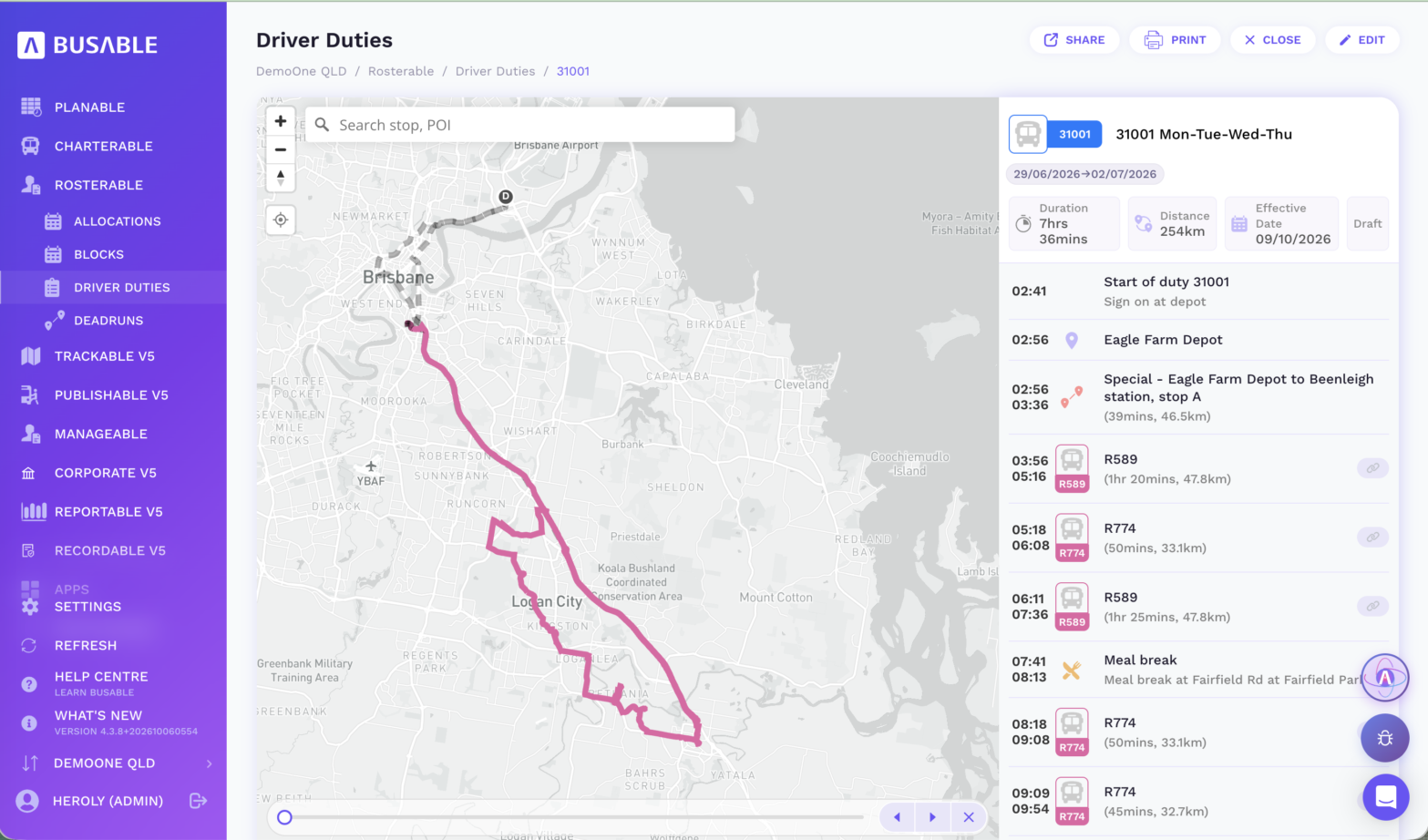 Driver duty 31001 in Busable: a map of south-east Brisbane showing the dead run from Eagle Farm Depot and the railbus route down to Beenleigh, beside a timeline with sign-on at 02:41, a dead run from Eagle Farm Depot to Beenleigh station, R589 and R774 railbus trips, and a meal break at Fairfield Park