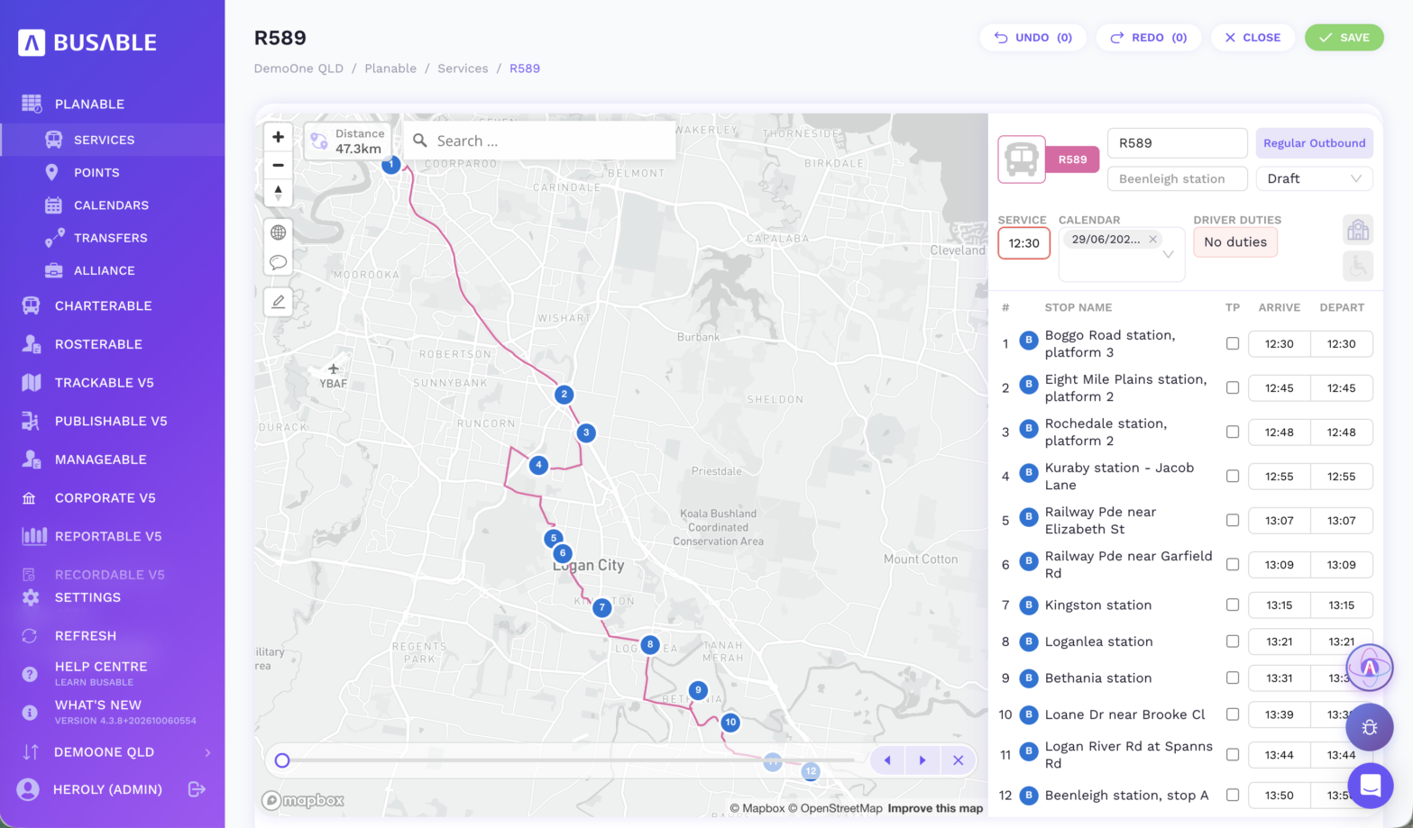 Planable route editor for R589 from Boggo Road station, platform 3 to Beenleigh station, stop A, drawn on a map through Logan City with a distance of 47.3 km, beside the 12:30 trip's twelve stops with arrive and depart times, a 29 June 2026 calendar, Draft status and a driver duties field reading No duties
