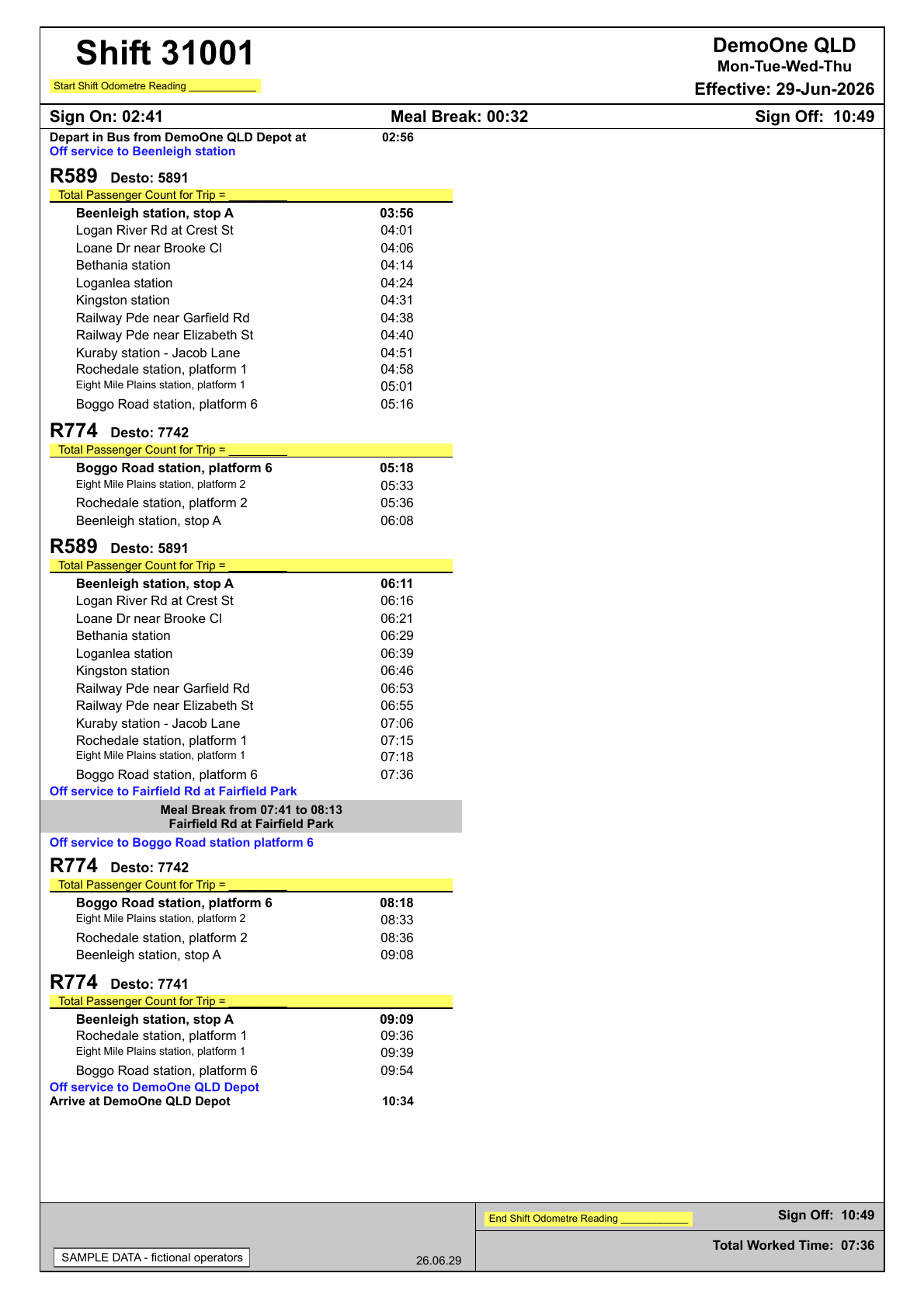 Sample railbus shift sheet for shift 31001, DemoOne QLD, Monday to Thursday, effective 29 June 2026: sign-on 02:41, a 32 minute meal break and sign-off 10:49, departing DemoOne QLD Depot at 02:56, then R589 and R774 railbus trips listing every stop and time between Beenleigh and Boggo Road, a meal break at Fairfield Park, and arrival back at the depot at 10:34, marked as sample data with fictional operators